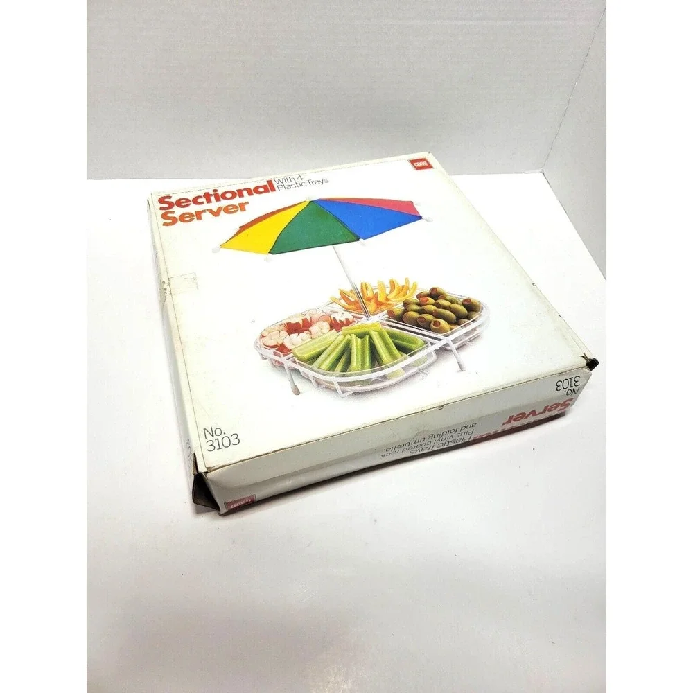 1984 Vintage Fruit Vegetable Chip Dip Condiment Sectional Server Set w Umbrella